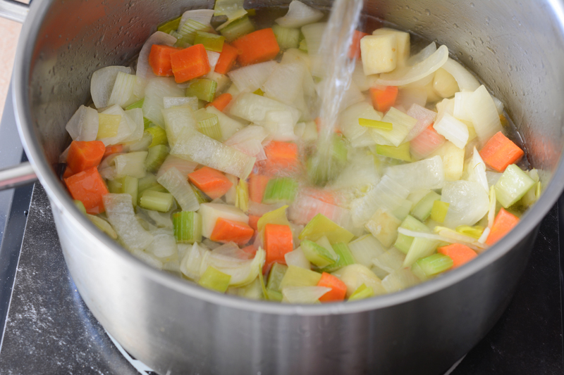 adding water to mirepoix - Your Allergy Chefs