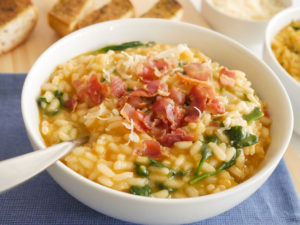 Allergen Free Buttnut Squash Risotto with Spinach and crispy pancetta