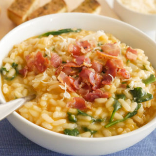 Allergen Free Buttnut Squash Risotto with Spinach and crispy pancetta