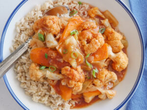 allergy-friendly roasted cauliflower stew with veggies and warm spices