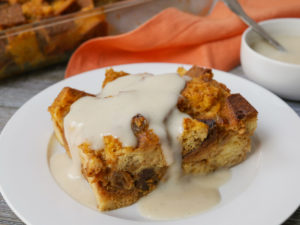 Allergy-friendly pumpkin bread pudding with vanilla sauce