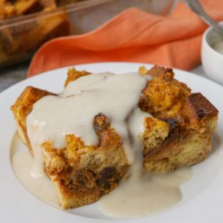 Allergy-friendly pumpkin bread pudding with vanilla sauce