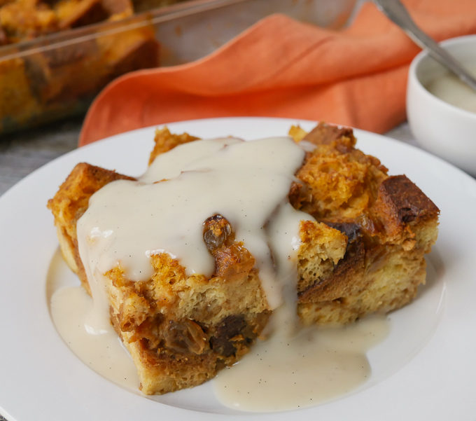 Allergy-friendly pumpkin bread pudding with vanilla sauce