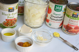 mise en place for black-eyed peas and tomato stew